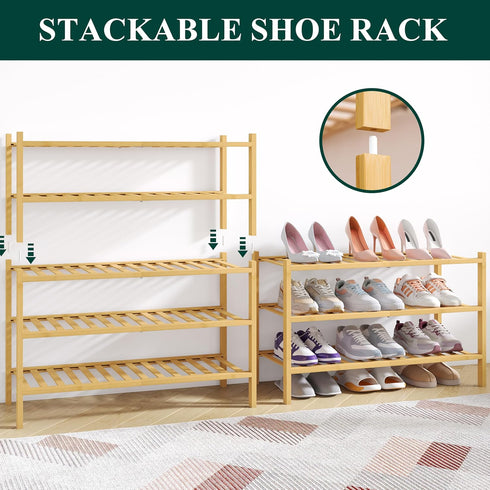 Closet, 2 Smiry Bamboo Shoe Rack for Tier Wooden Stackable Shoe Organizer, Free Standing Shoes Storage Shelf