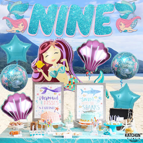 Giant Mermaid 9th Birthday Decorations for Girls, Pack of 8 Mermaid Party Decorations with Balloons & Favors