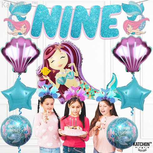 Giant Mermaid 9th Birthday Decorations for Girls, Pack of 8 Mermaid Party Decorations with Balloons & Favors