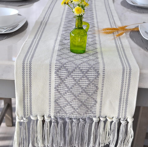 14x72 Inches Grey Table Runner with Tassel Gray & Cream Checks Geometric Design , Woven Washable Heavy Dresser Scarf