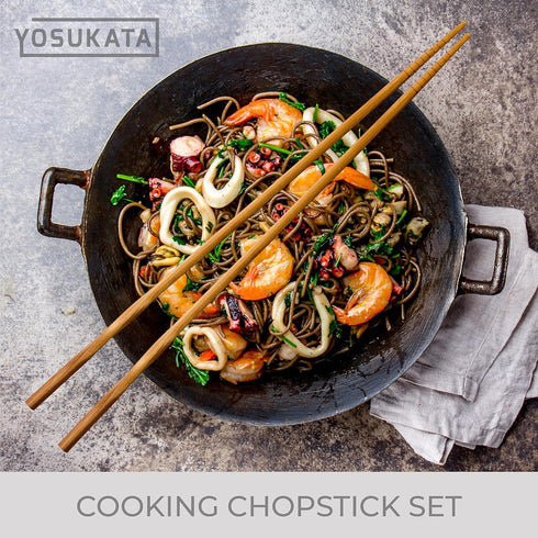 YOSUKATA Reusable Natural Wooden Long Cooking Chopsticks Set of 3 Pairs: 11.8, 13, 14.2 inch