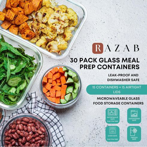 Razab 30 PC Glass Food Storage Containers with Lids, Reusable Airtight Meal Prep Containers for Lunch and Leftovers