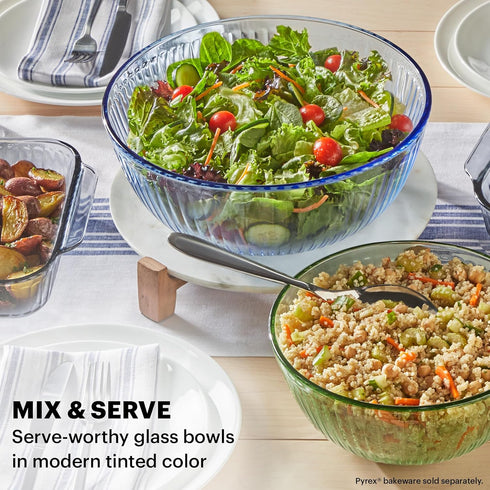 Pyrex Colors (3-Pack) Sculpted Tinted Unlidded Glass Mixing Bowls, Nesting Space Saving Set for Prepping, Baking