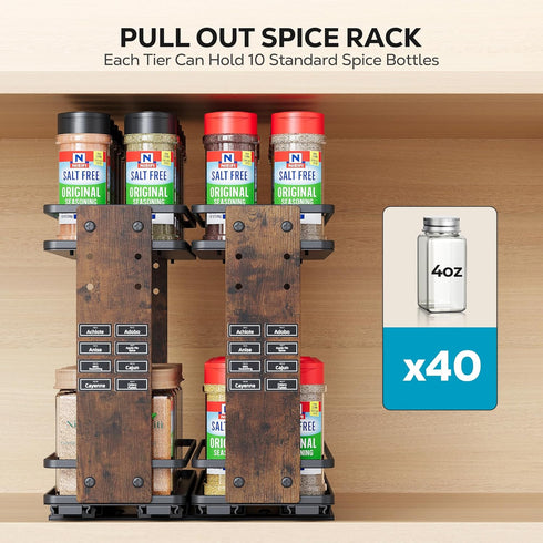 2 Nieifi Pull Out Spice Rack Organizer, Tiers, Wood Grain, Spice Organization for Cabinet, Height Adjustable, Easy