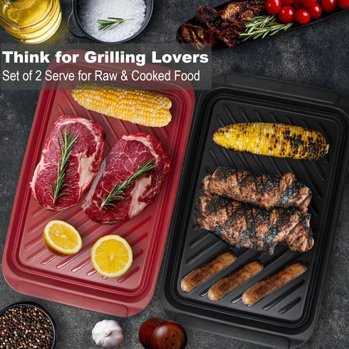 Grilling Prep and Serve Trays, Set of 2 BBQ Trays for Raw and Cooked Food, Melamine Serving Trays in Black and Red