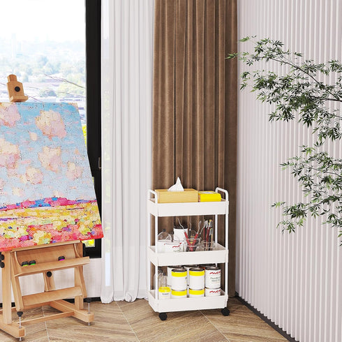 Rolling Storage Cart | 3 Tier Organizer Mobile Shelving Unit with Wheels for Kitchen, Bathroom, Laundry, White