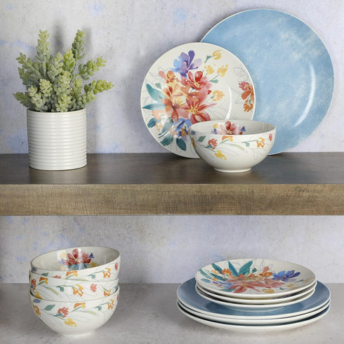 Set, 12-Piece Spice by Tia Mowry Goji Blossom Decorated Porcelain Chip and Scratch Resistant Dinnerware Blue