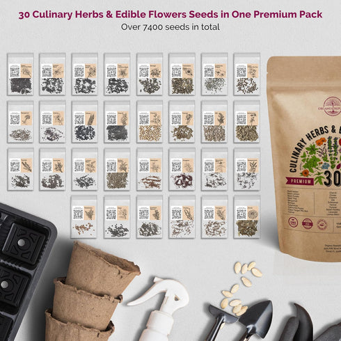 30 Pack- 7400+ Organo Republic Culinary Herbs & Edible Flower Seeds Variety Indoor/Outdoor. Non-GMO Heirloom Flower