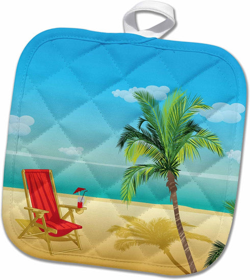 3D Rose Scene with Beach Chair and Palm Tree, Pot Holder, 8 x 8