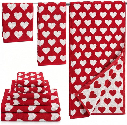 Peryiter 6 Pack Cotton Heart Bath Towel Set, Red Heart Embroidered Bathroom