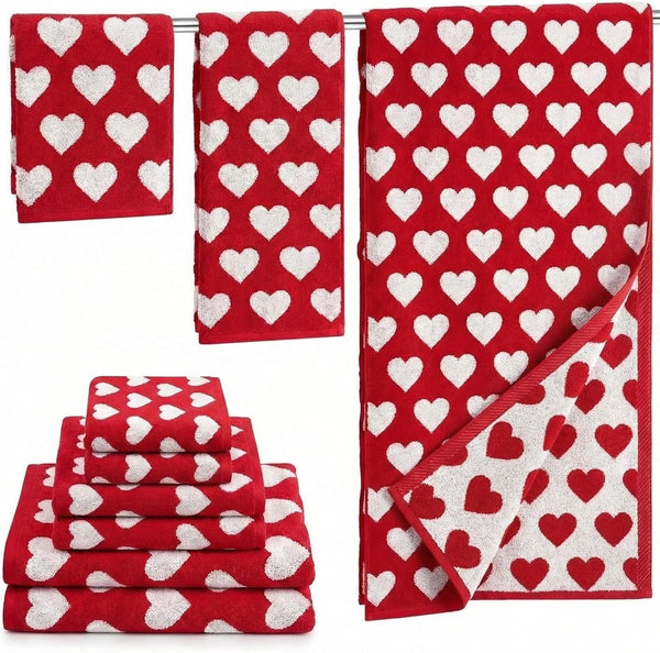 Peryiter 6 Pack Cotton Heart Bath Towel Set, Red Heart Embroidered Bathroom