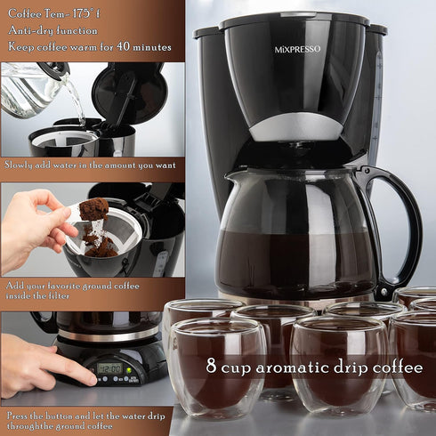 8-Cup Programmable, Mixpresso Drip Coffee Maker Coffee Pot Machine Including Reusable & Removable Coffee Filter, Black