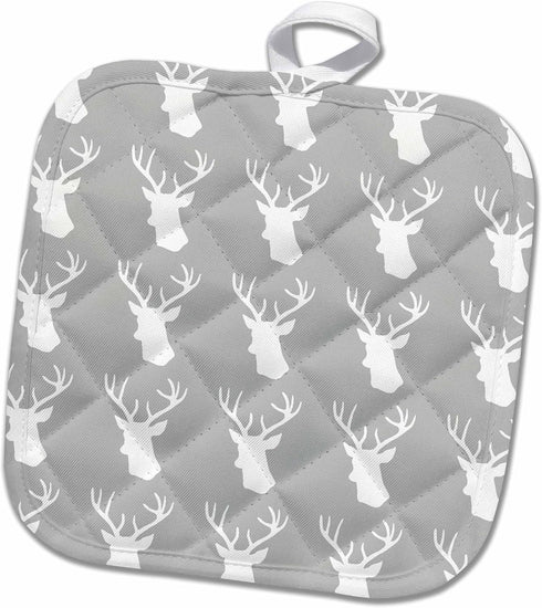 3D Rose White Deer Head Pattern on Grey Pot Holder, 8 x 8, Multiple Color Options