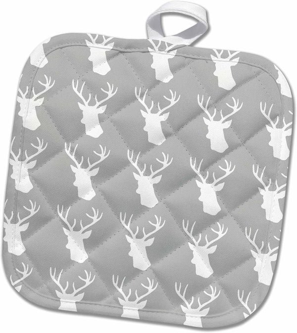 3D Rose White Deer Head Pattern on Grey Pot Holder, 8 x 8, Multiple Color Options