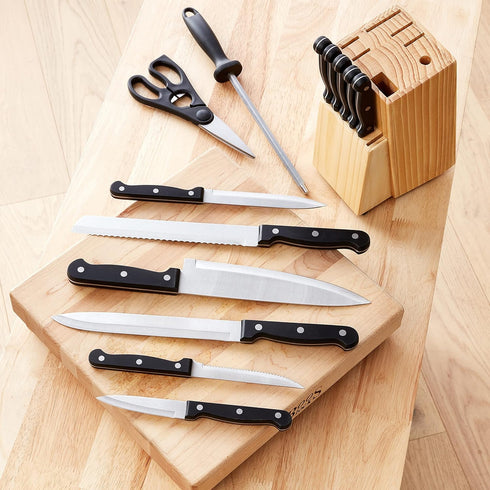 14-Piece Set Amazon Basics High Carbon Stainless Steel Kitchen Knife with Full Tang Construction, Ergonomic Handles