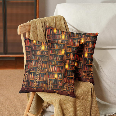 18x18 Inch Set (Pack 2) Linen Throw Pillow Covers of - Retro Bookshelf, Vintage Grand Library Premium Couch Cushion