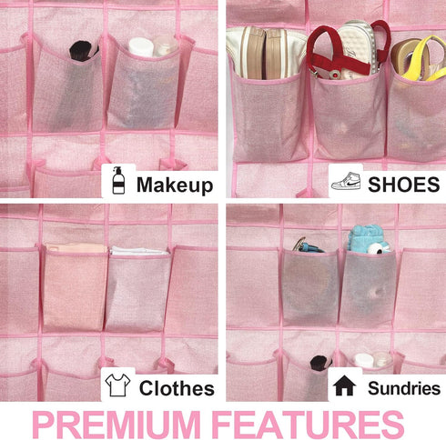 Pink Over the Door Shoe Organizer for Girls, Women, Kids Room | Hanging Rack with 24 Large Pockets & 4 Sturdy Hooks