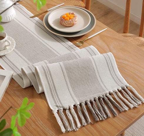 13 90 Inch Caflife Boho Table Runner Natural Stripe for Modern Farmhouse Coffee Table Decor, Rustic Woven Runner