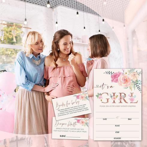 Utaqer 100 set, Supplies/tz-a011 Blush Pink Floral Baby Shower Invitation Cards With Envelopes, Diaper Raffle Tickets