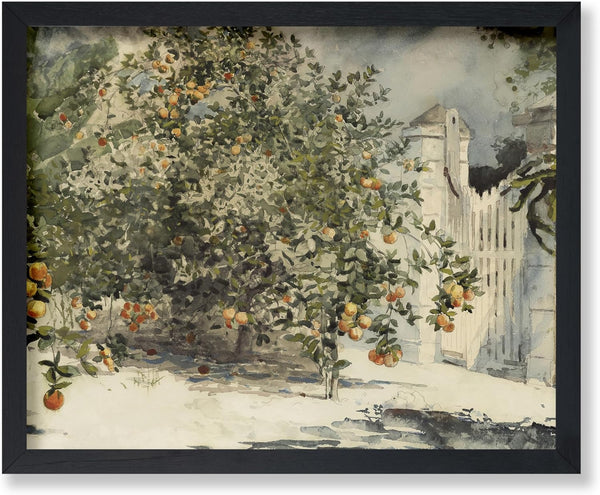 Poster Master Vintage Orange Trees and Gate Painting Poster, Retro Orange Tree Print for Farmhouse Kitchen