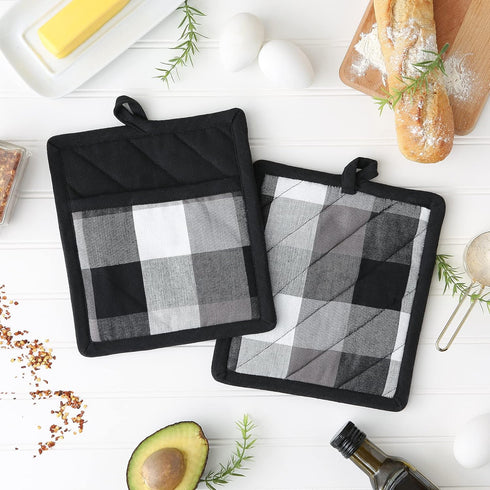 DII Tri-Color Check Collection Kitchen Potholder Set, 2 Piece Black