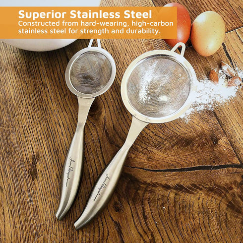 Jean-Patrique Set of 2 Stainless Steel Tea Strainer + Sifter for Baking – Fine Mesh, Durable Construction