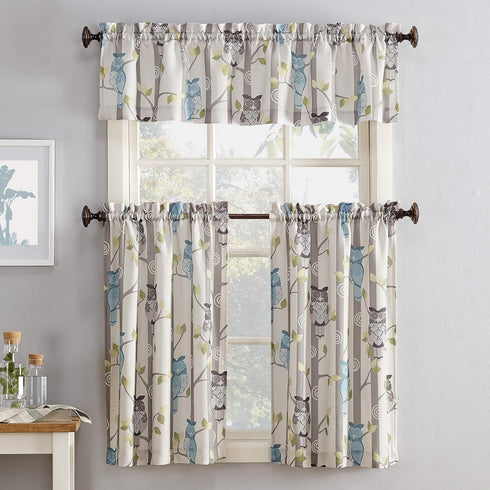 No. 918 Hoot Owl Print Semi-Sheer Kitchen Curtain Tier Pair, 56" x 36", Mocha