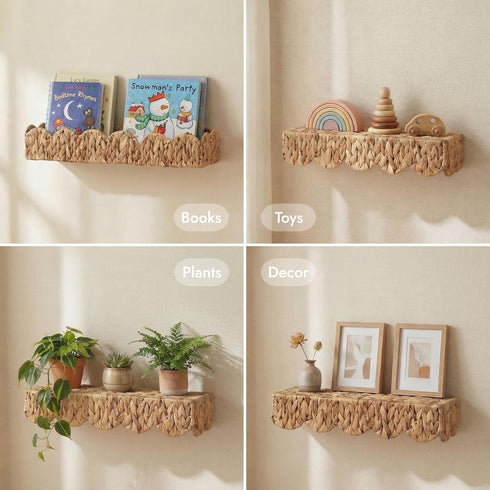 2 Pack 15.8 Nursery Book Shelves, Scalloped Water Hyacinth Book Shelf for Kids Rooms, Handwoven Floating Book Shelves