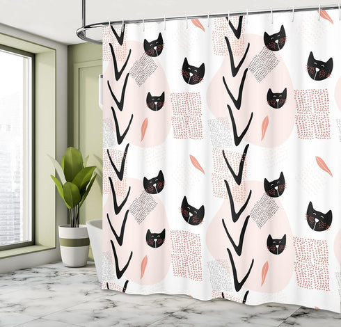 Ambesonne Modern Shower Curtain, Cat Faces Dotted Whiskers Kittens Theme, 69" W x 70" L, Dark Coral Black Peach