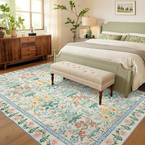 5x7 Boho Area Rugs: Floral Washable Rugs for Living Room Bedroom Nursery Girls Room Decor - Soft Non-Slip Carpet