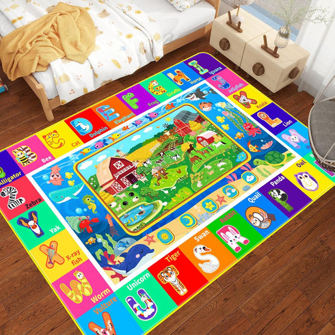 DINSUMRUG (59 39.4 INCH, Kids Rug for Playroom, ABC Educational Rug with Farm Sea Animal Print, Floor Play Mat Carpet