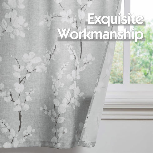 FMFUNCTEX Gray-White Kitchen Valance Curtain - 15-inch Length Blossom Print Canvas Window Top Curtain Rod Pocket, 1 Pack