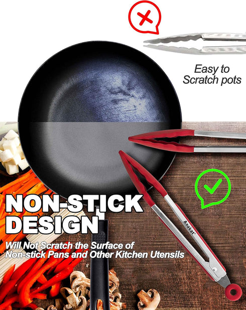 Anaeat Non-Stick Silicone Locking Tong Set of 3 - 7", 9" and 12" Kitchen Food Tongs with Non-Slip Tips, Heat Resistant