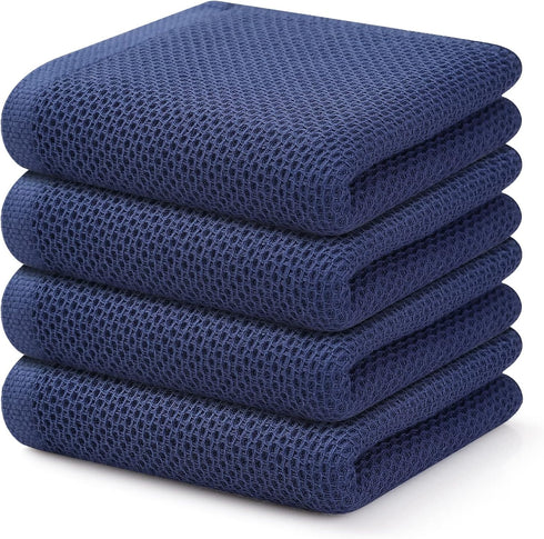 Kitinjoy 100% Cotton Waffle Weave Kitchen Towels - 4-Pack Super Soft Absorbent Dish Towels, Navy Blue