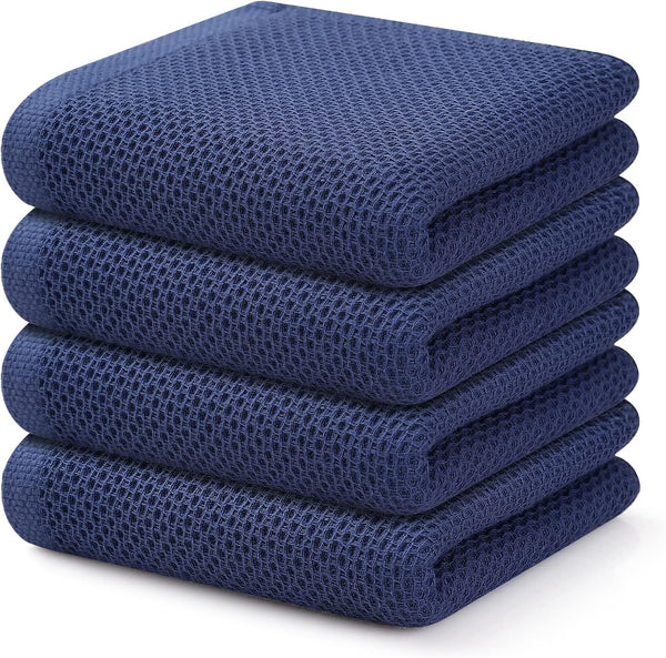 Kitinjoy 100% Cotton Waffle Weave Kitchen Towels - 4-Pack Super Soft Absorbent Dish Towels, Navy Blue