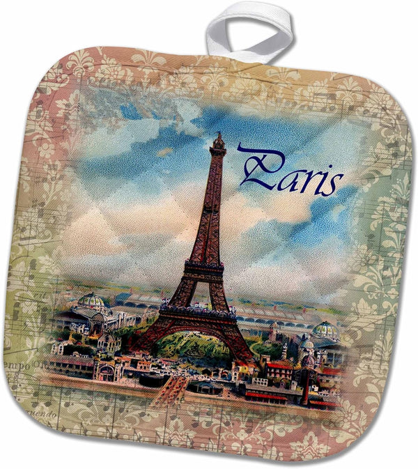3D Rose Eiffel Tower on Old Music Sheet Pot Holder, 8 x 8, Paris Theme