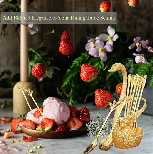 Gold Mini 13-Piece Swan Spoon Holder Set with Spoons and Forks for Coffee, Tea, and Dessert Table