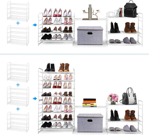 Simple Trending 4-Tier Stackable Shoe Rack - Expandable & Adjustable Shoe Organizer Storage Shelf, Wire Grid, White