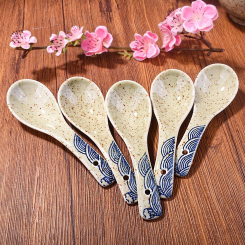 Soup Spoons Set of 5,Asian Soup Spoon Ceramic Ramen Spoons, Japanese Soup Spoons Perfect Depth for Dumpling, Pho, Noodles, Miso, Chinese Wonton, Dishwasher Safe