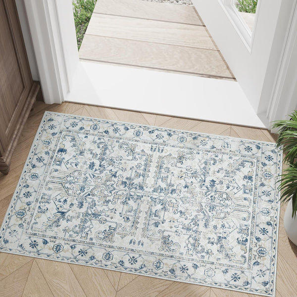 jinchan 2x3 Washable Rug - Vintage Floral Area Rug, Ultra-Thin Low Pile Soft Non Slip Indoor Door Mat (Blue)