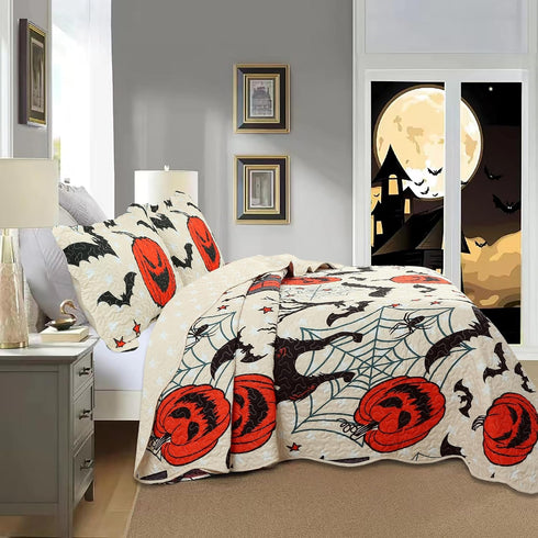 Set ME503 MarCielo Kids Halloween Themed Quilt Bedspread Pumpkins, Black Cats, Bats, Haunted Houses (Full)