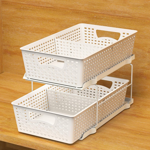 Simple Houseware 2 Tier Bathroom Organizer Tray, Pull-Out Sliding Drawer/Under-Sink Storage, White