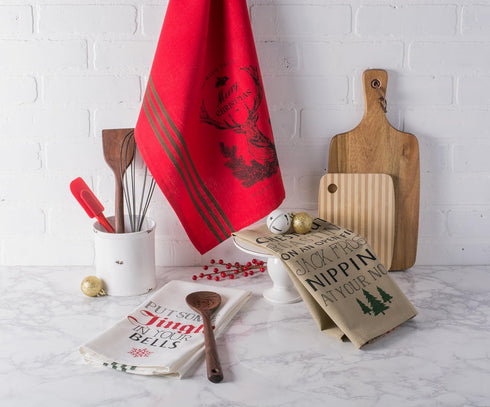 DII Holiday Collection Vintage Print Dishtowel Set, 18x28, Christmas Stag, 3 Piece for Kitchen Use