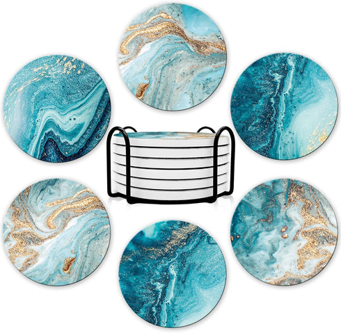 Dooke Round Absorbent Ceramic Coasters Set of 6, Funny Drink Coasters with Cork Base for Cold Drinks, Teal Marble