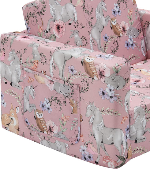 2-in-1 Ulax furniture Kids Convertible Sofas Children Flip-Out Sofa - to Lounge Chair (Pink Unicorn)