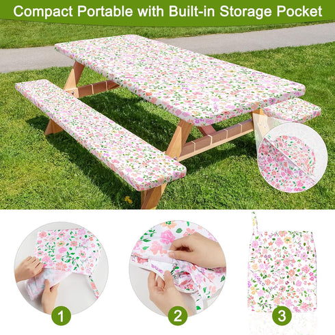 HobbLab Rv,72in,Pink Picnic Table Cover with Bench Covers Portable Table Cloth Built-in Storage Pocket Fitted