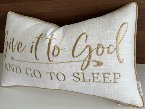 Embroidered Give It to God Quote Decorative Lumbar Accent Throw Pillow Cover - Decor for Living Room, Sofa, Chair, Patio, Car, Bench, Porch, Office, Bedroom - 12x20 Inches, Ivory-Beige