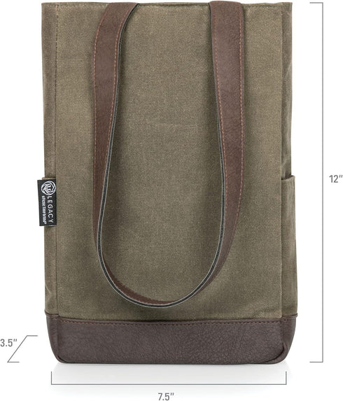 PICNIC TIME 2 Bottle Insulated Tote, Distressed Waxed Canvas Wine Gift Bag, Khaki Green with Beige Accents