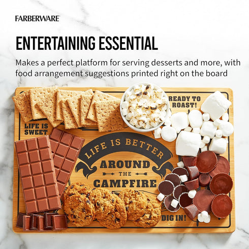Farberware Bamboo Campfire Cutting Board, 12x18 Inch, Reversible Kitchen Board with Recessed Handles for Meal Prep