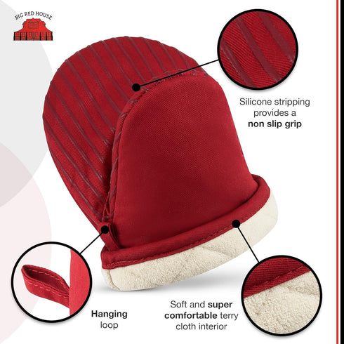 Big Red House Silicone Mini Oven Mitts - Red - Set of 2 - Heat Resistant Kitchen Gloves for Cooking Baking